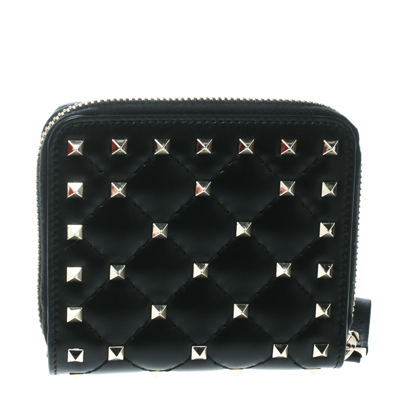Pre Owned Valentino Black Leather Rockstud Zip Around Flap Wallet