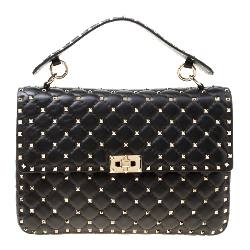 Pre Owned Valentino Black Leather Large Rockstud Top Handle Bag