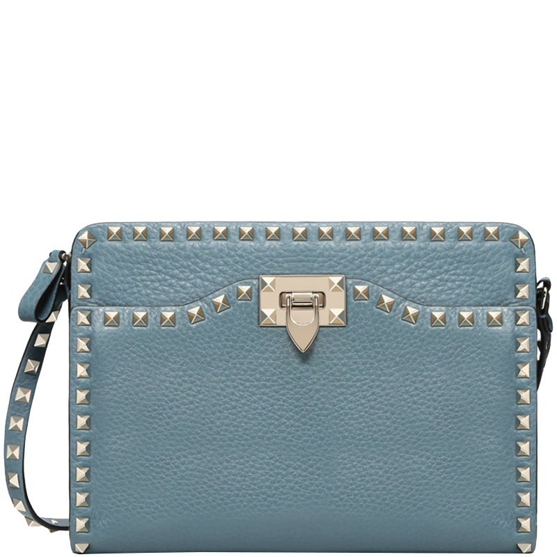 Pre Owned Valentino Sarcelle Grain Leather Medium Rockstud Crossbody Bag