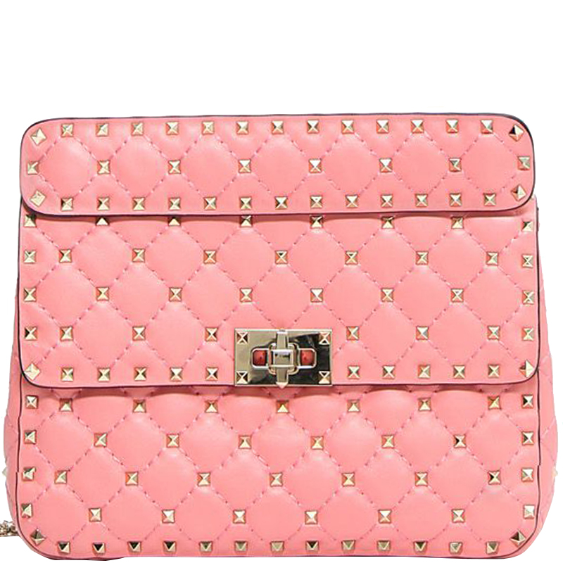 Pre Owned Valentino Paradise Rose Quilted Soft Leather Medium Rockstud Spike Chain Shoulder Bag