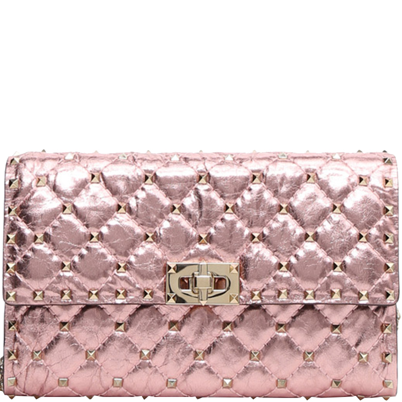 Pre Owned Valentino Lipstick Metallic Quilted Soft Leather Rockstud Spike Chain Clutch Bag
