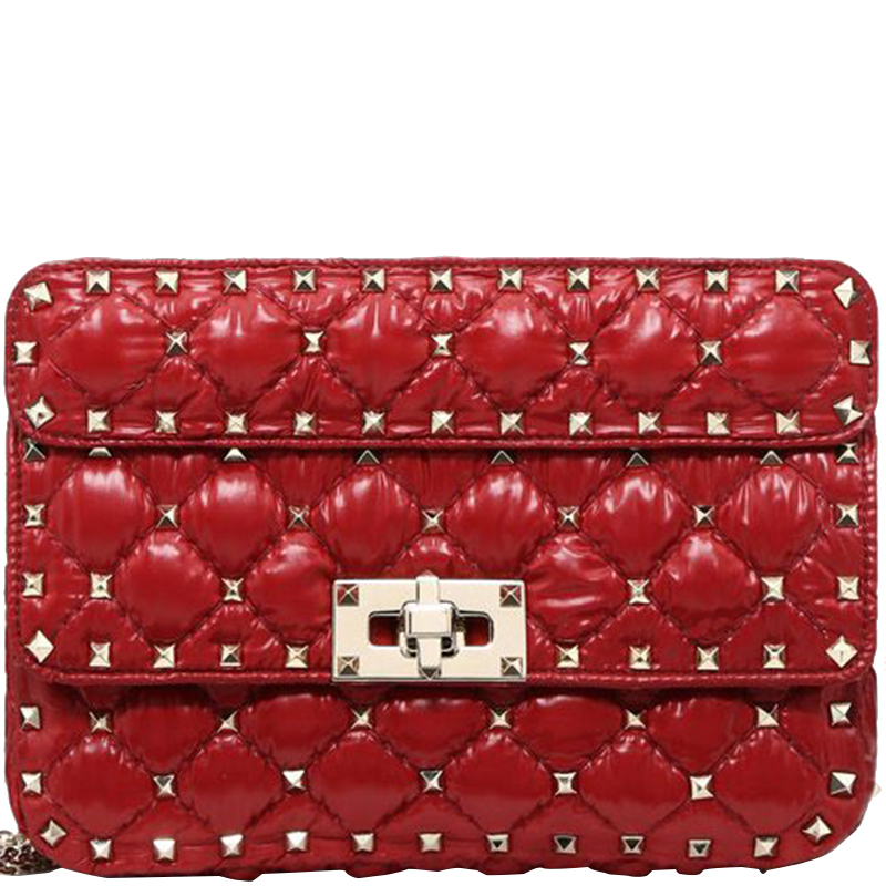 Pre Owned Valentino Rosso V. Moncler Quilted Nylon Small Rockstud Spike Chain Shoulder Bag