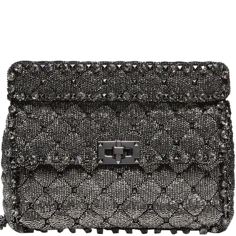 Pre Owned Valentino Black Quilted Ombre Beaded Embroidered Medium Rockstud Spike Chain Shoulder Bag