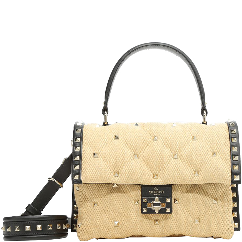 Pre Owned Valentino Naturale/Nero Quilted Raffia and Leather Candystud Top Handle Bag