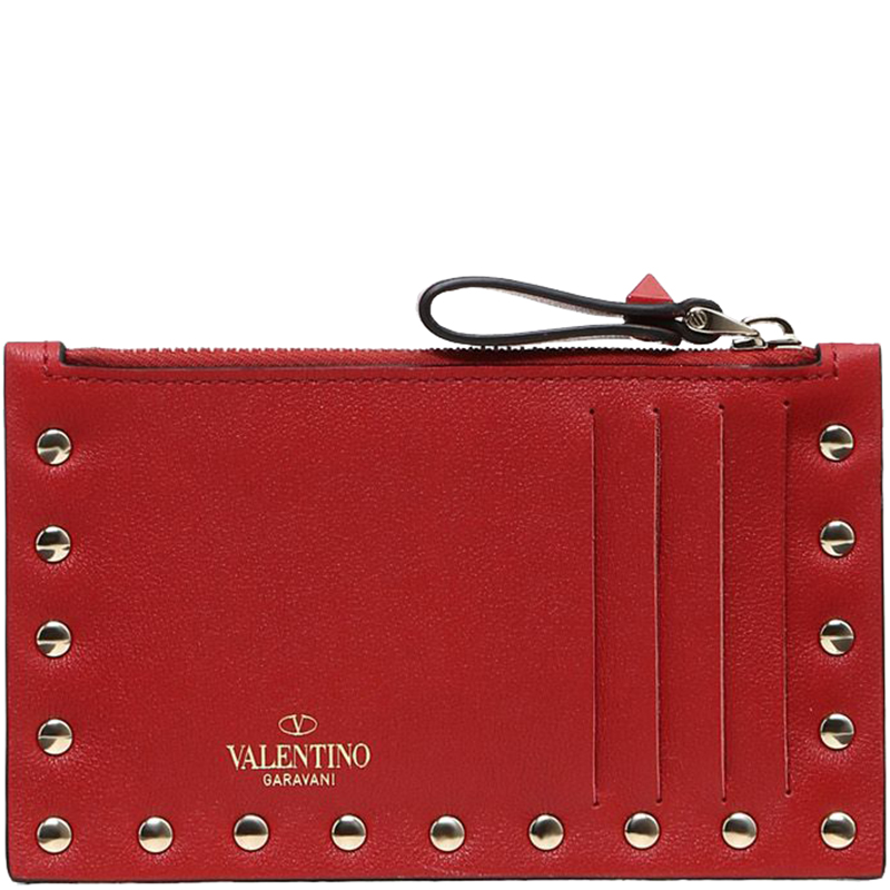 Pre Owned Valentino Rosso V. Leather Lacquer Rockstud Card Case
