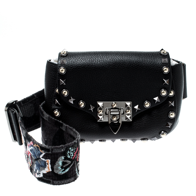Pre Owned Valentino Black Leather Guitar Rockstud Rolling Belt Bag