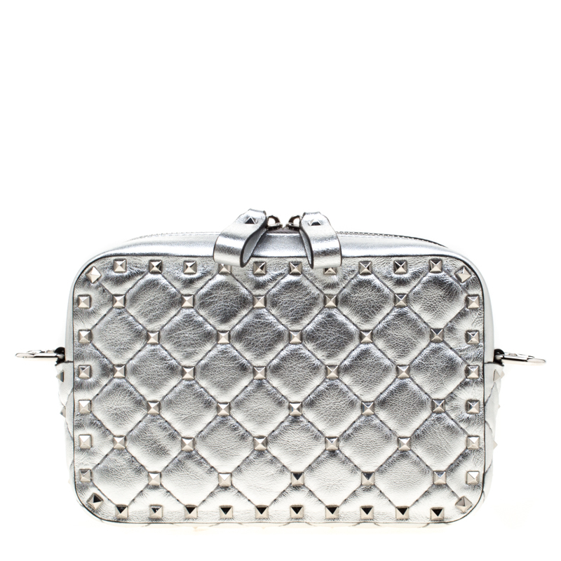 Pre Owned Valentino Silver Soft Leather Rockstud Spike Crossbody Bag