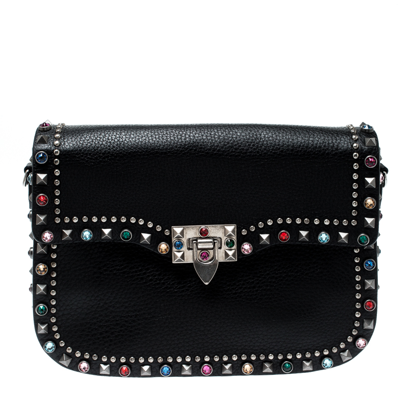 Pre Owned Valentino Black Leather Guitar Rockstud Rolling Crossbody Bag