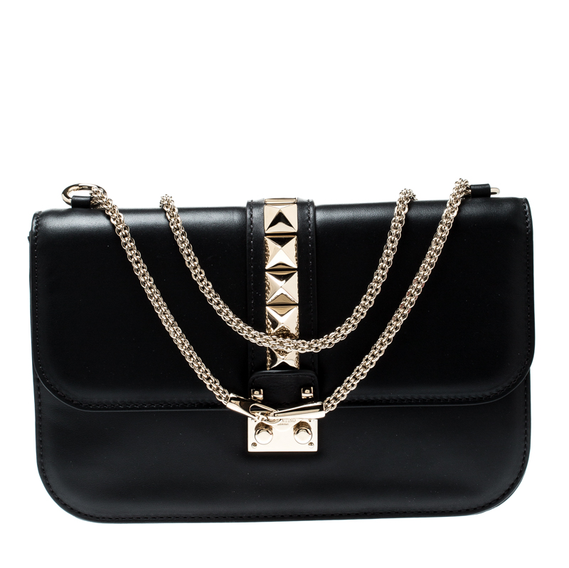 Pre Owned Valentino Black Leather Glam Lock Chain Shoulder Bag