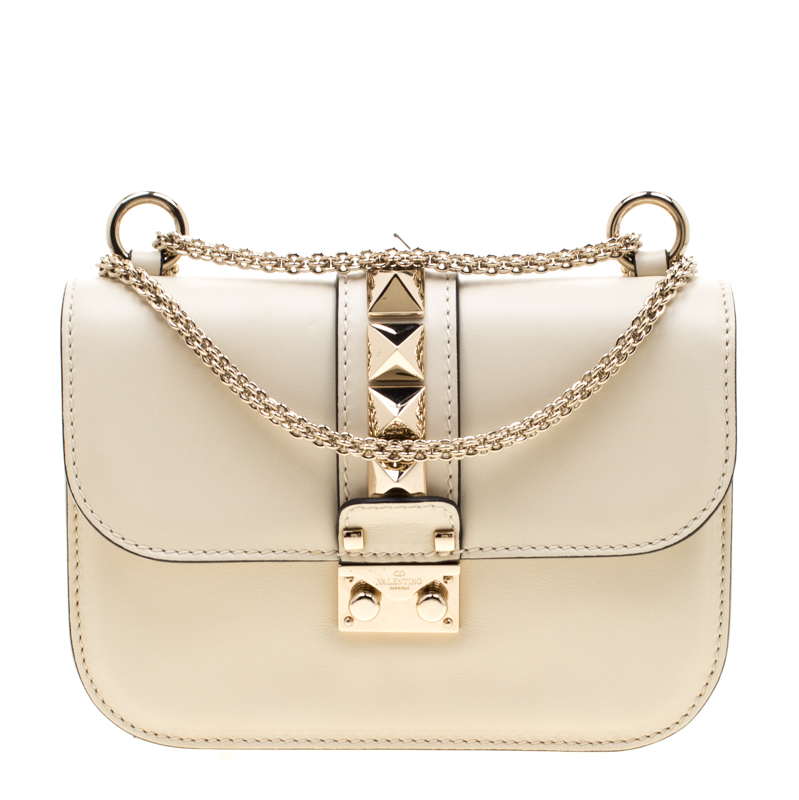 Pre Owned Valentino Light Ivory Leather Small Glam Lock Chain Shoulder Bag