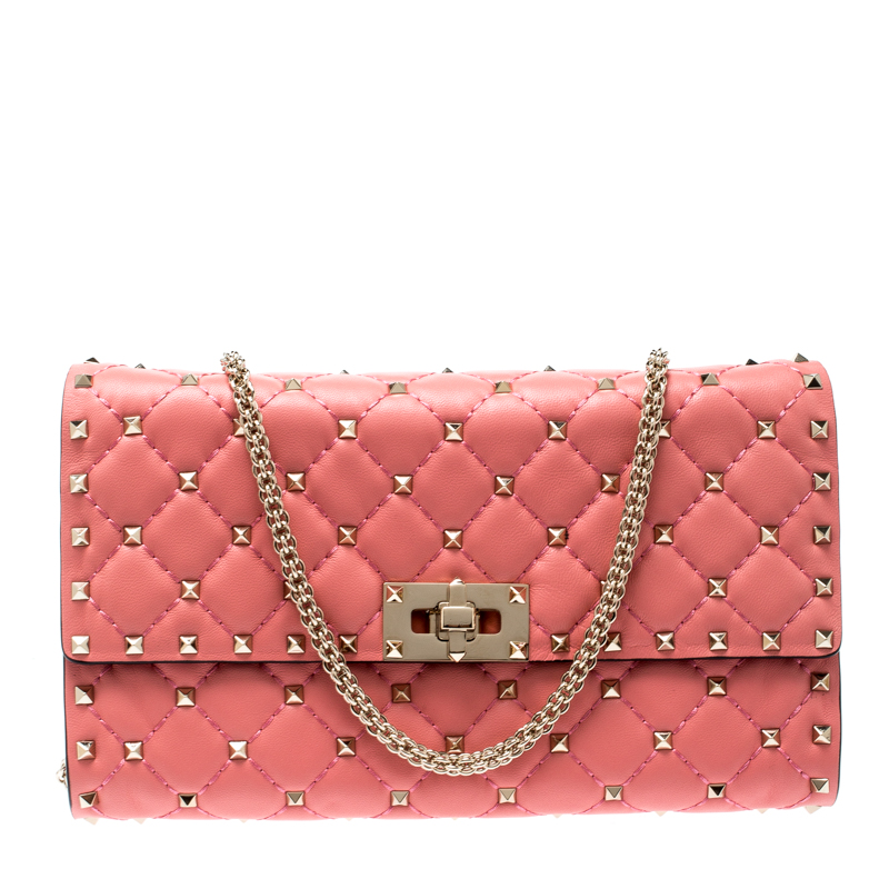 Pre Owned Valentino Paradise Rose Quilted Soft Leather Rockstud Spike Chain Clutch Bag