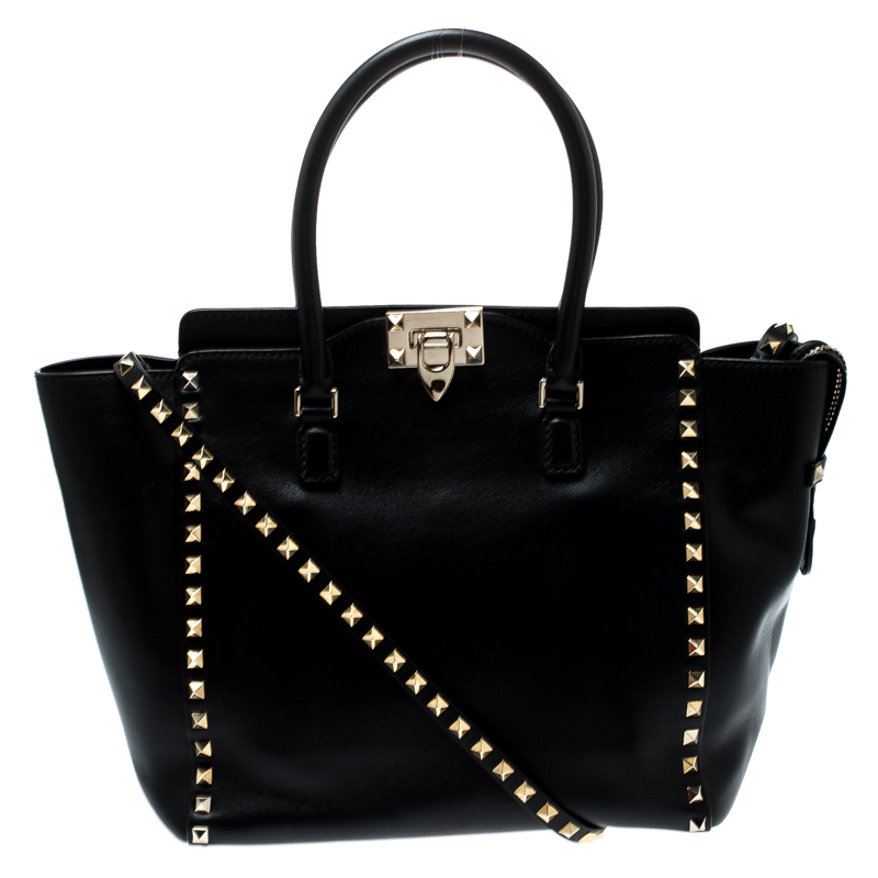 Pre Owned Valentino Black Leather Rockstud Trapeze Double Handle Bag