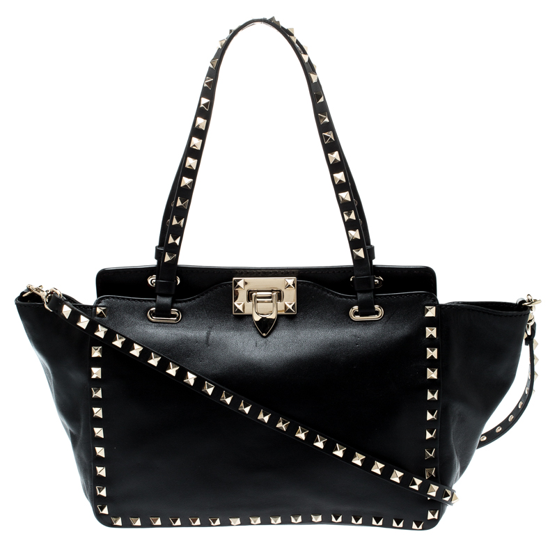 Pre Owned Valentino Black Leather Rockstud Trapeze Tote
