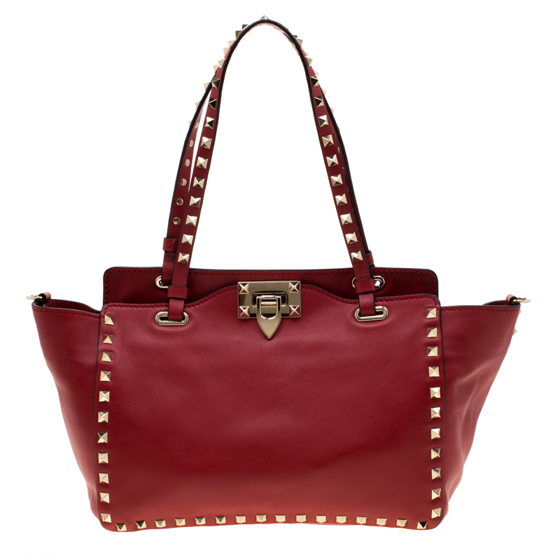 Pre Owned Valentino Rosso V. Leather Small Rockstud Trapeze Tote
