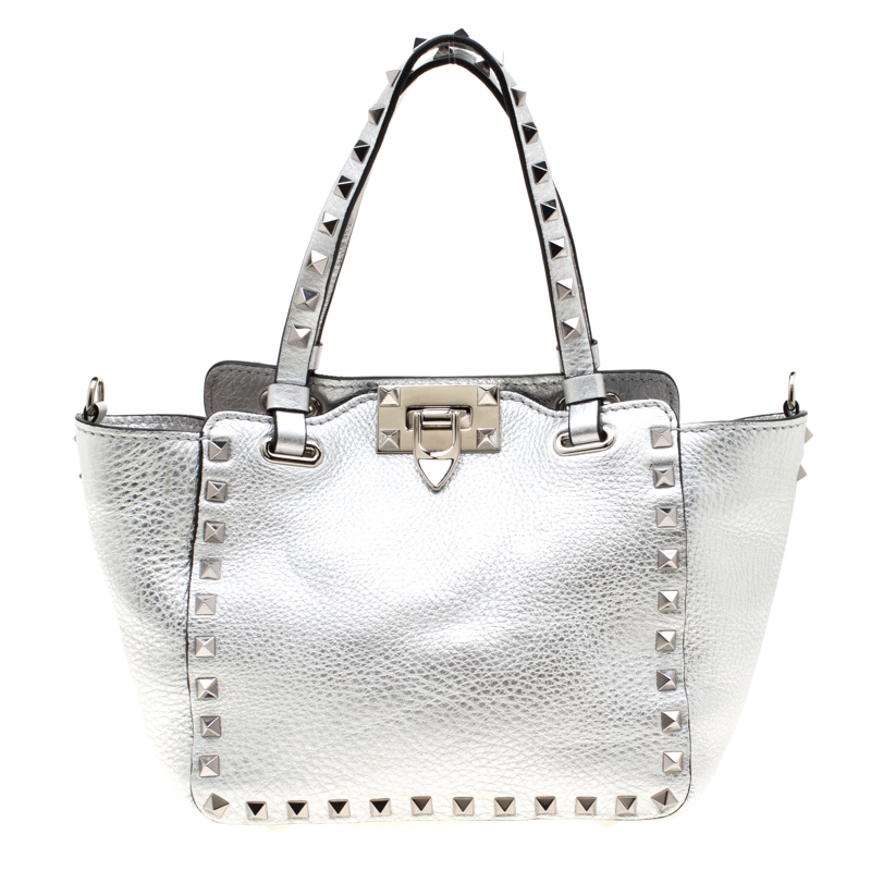 Pre Owned Valentino Silver Leather Mini Rockstud Trapeze Tote