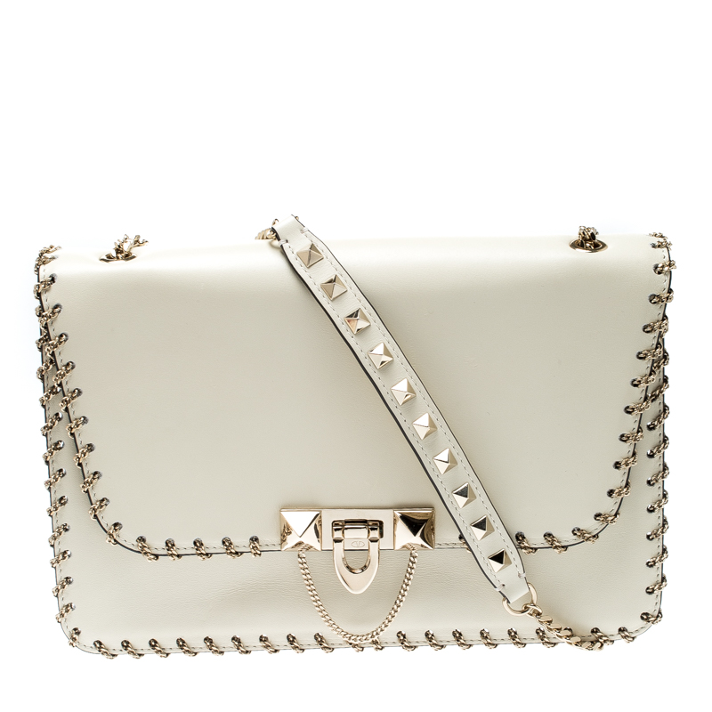 Pre Owned Valentino Light Ivory Soft Leather Small Demilune Shoulder Bag