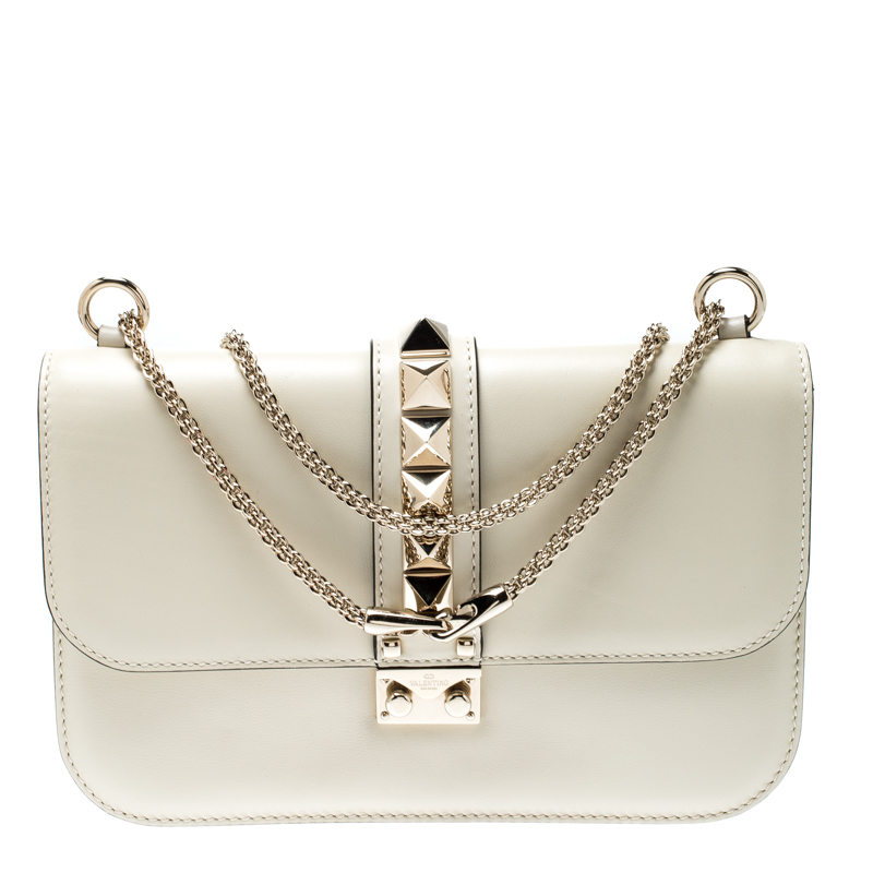 Pre Owned Valentino Light Ivory Leather Glam Lock Chain Shoulder Bag