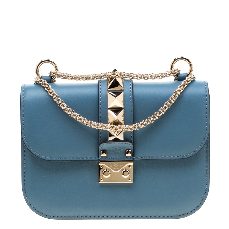 Pre Owned Valentino Grey Sky Leather Small Glam Lock Chain Shoulder Bag