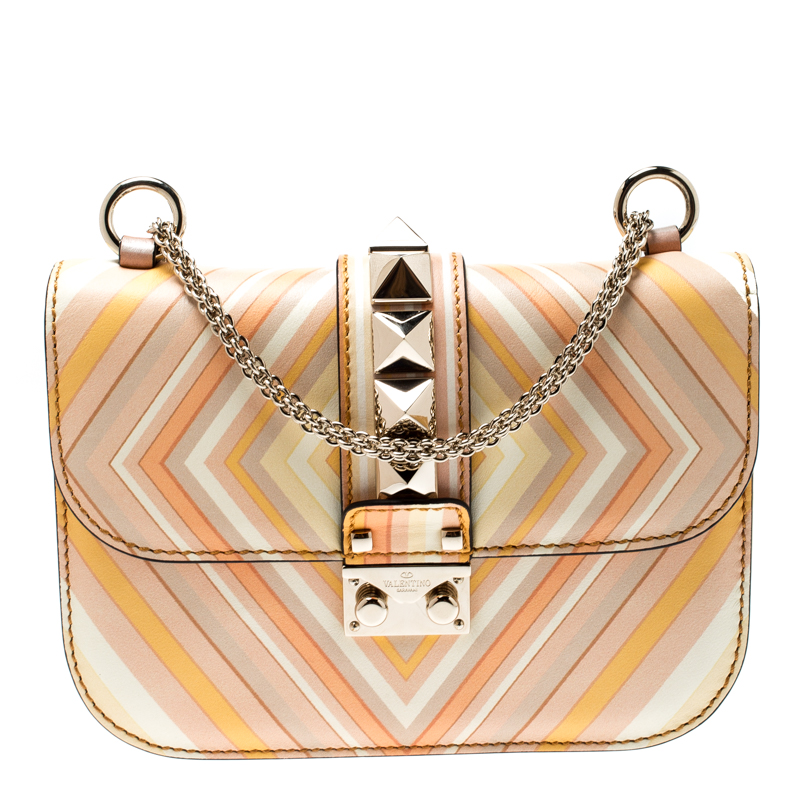 Pre Owned Valentino Multicolor Mandarin Sorbet Leather Small Rockstud 1975 Lock Chain Shoulder Bag