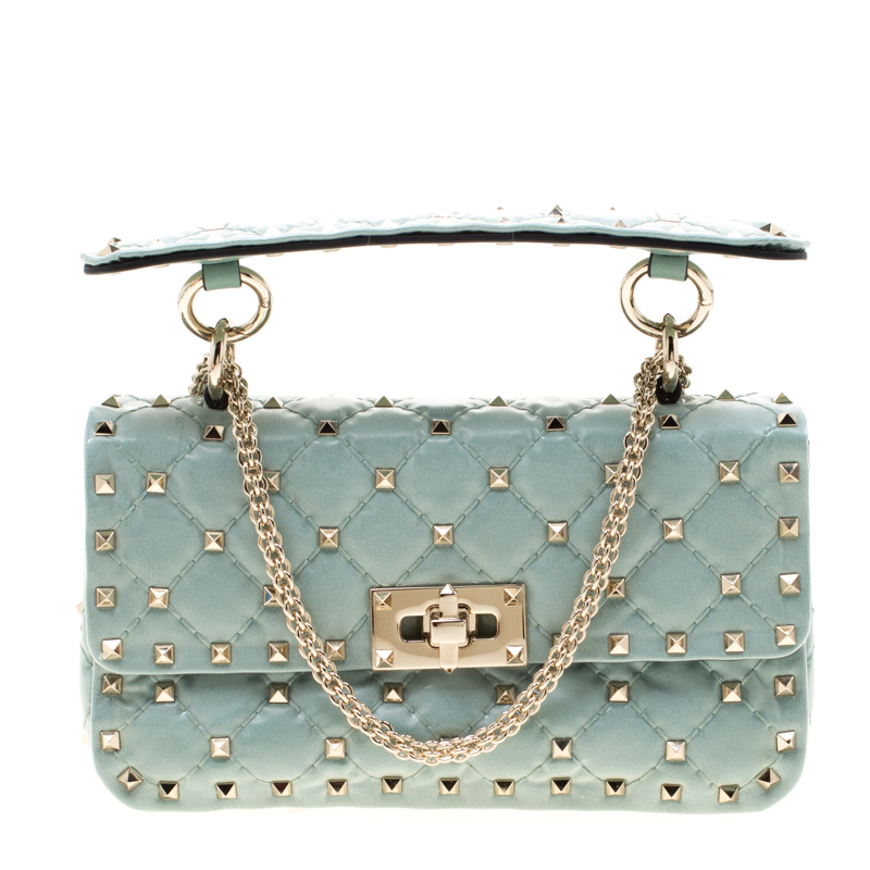 Pre Owned Valentino Morning Dew Quilted Coated Fabric Small Rockstud Spike Chain Shoulder Bag