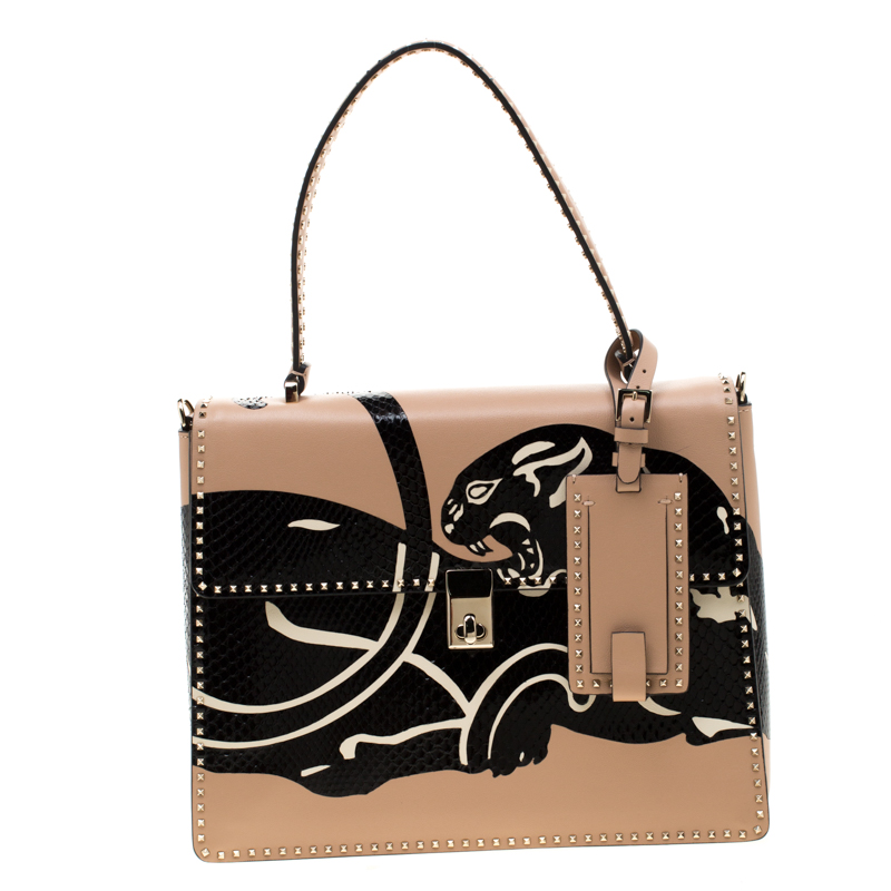 Pre Owned Valentino Camel Rose/Al Campione Smooth Leather Stud Stitching Panther Top Handle Bag