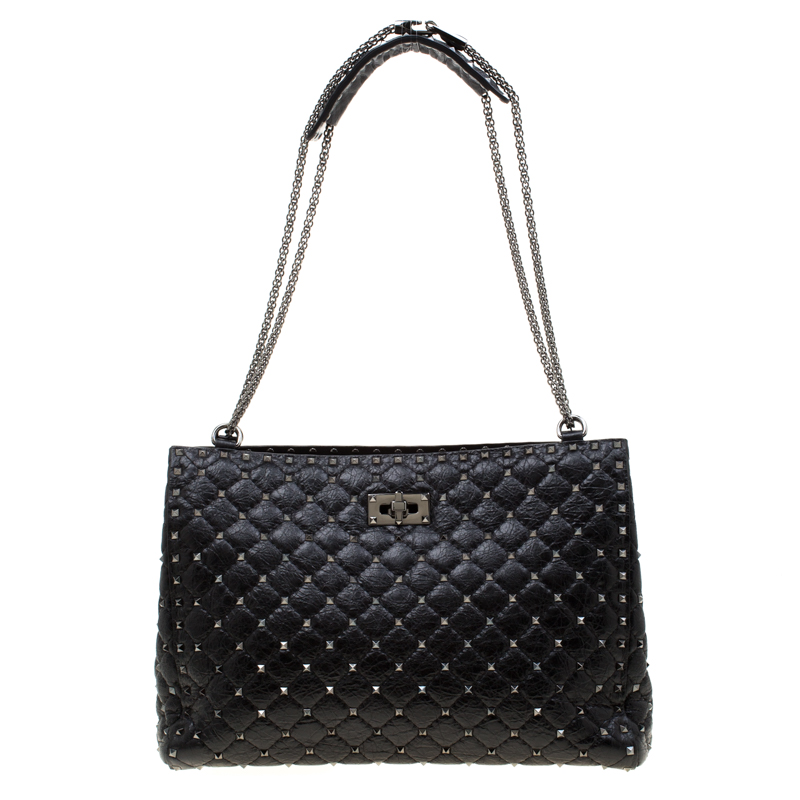 Pre Owned Valentino Black Quilted Crackled Leather Rockstud Spike Tote