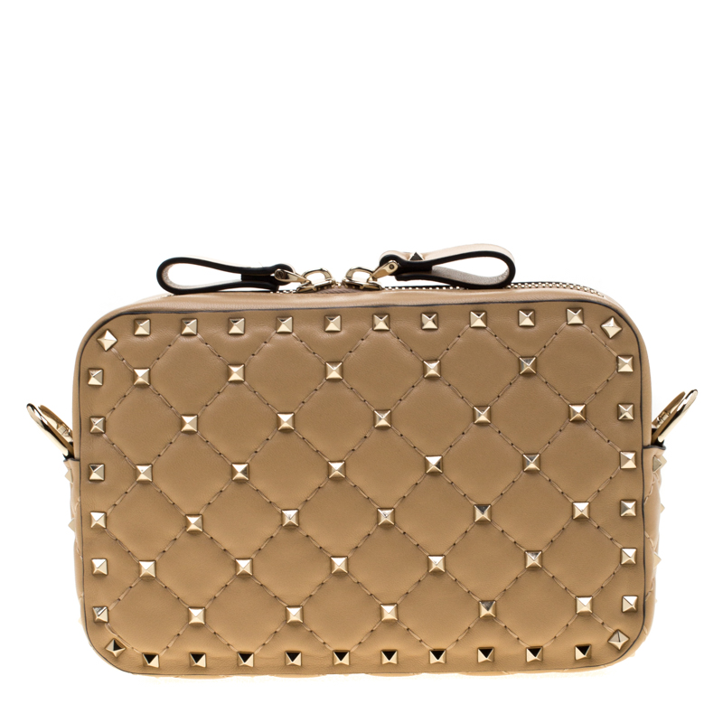 Pre Owned Valentino Camel Rose Quilted Leather Rockstud Spike Crossbody Bag