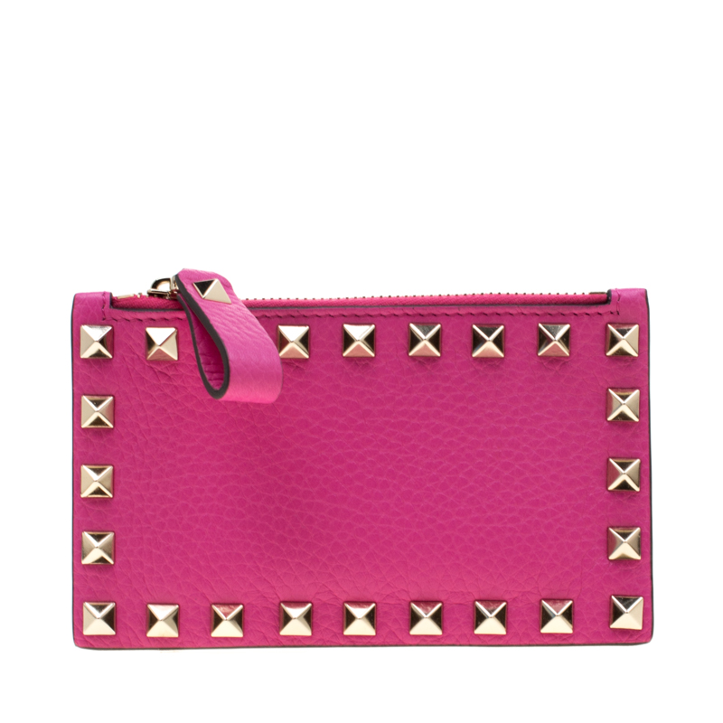 Pre Owned Valentino Pink Orchid Leather Rockstud Zip Wallet