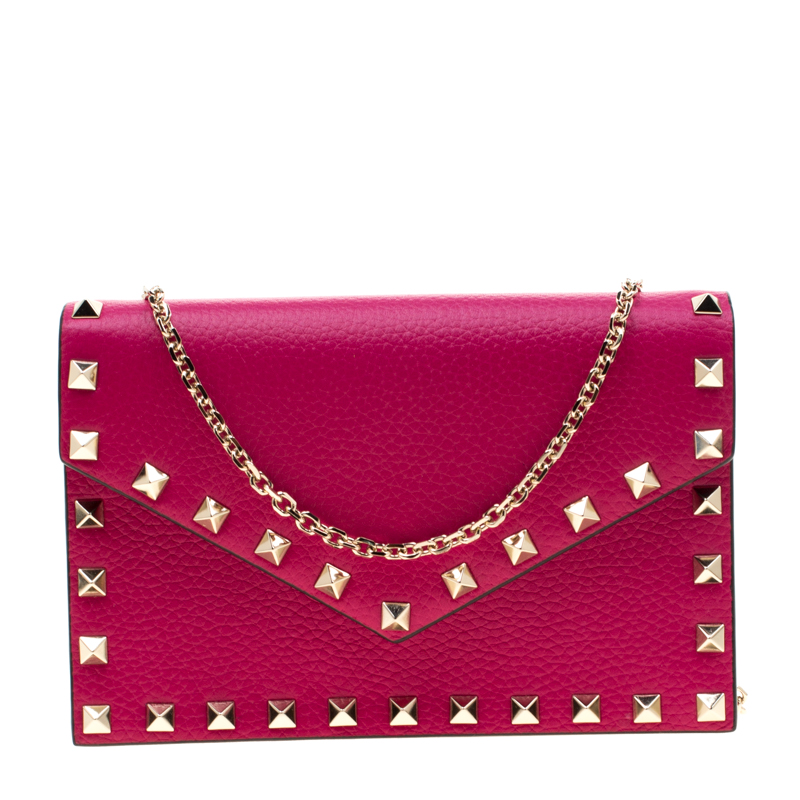 Valentino Disco Pink Leather Rockstud Chain Clutch Bag