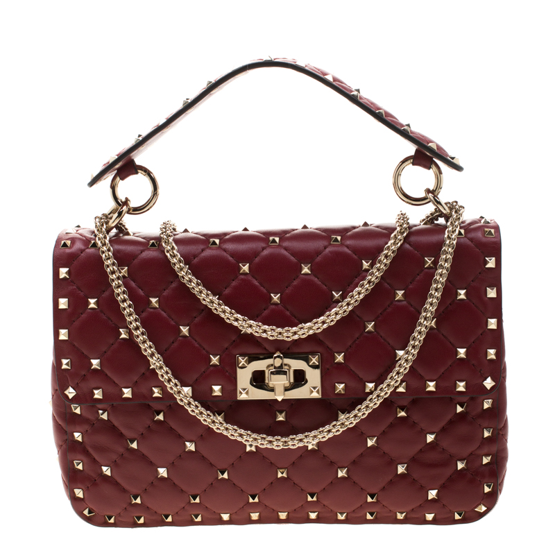 Pre Owned Valentino Red Quilted Leather Rockstud Medium Shoulder Bag