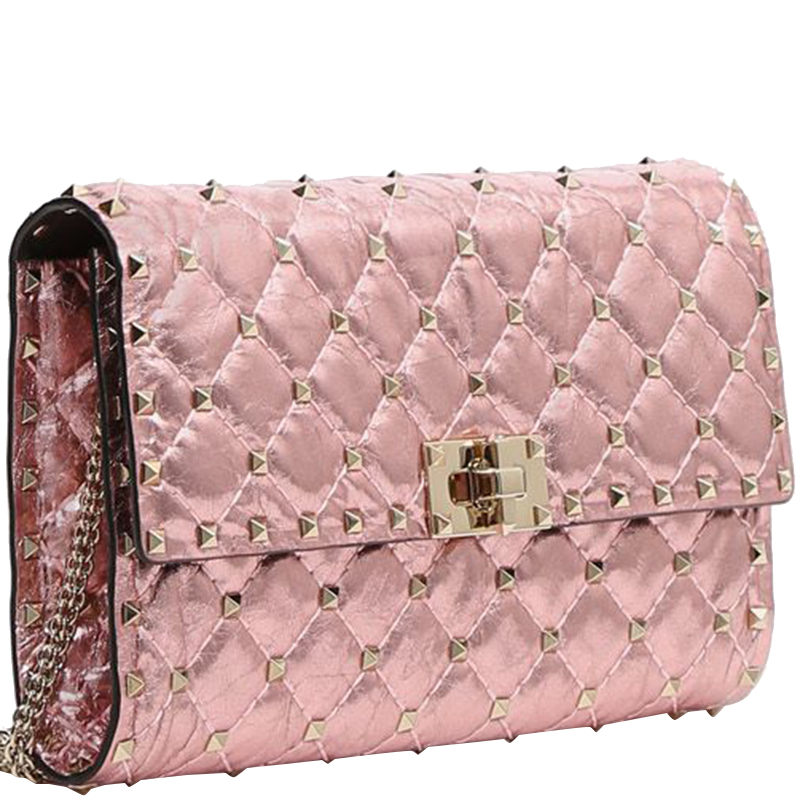 

Valentino Lipstick Metallic Quilted Soft Leather Rockstud Spike Chain Clutch Bag, Pink