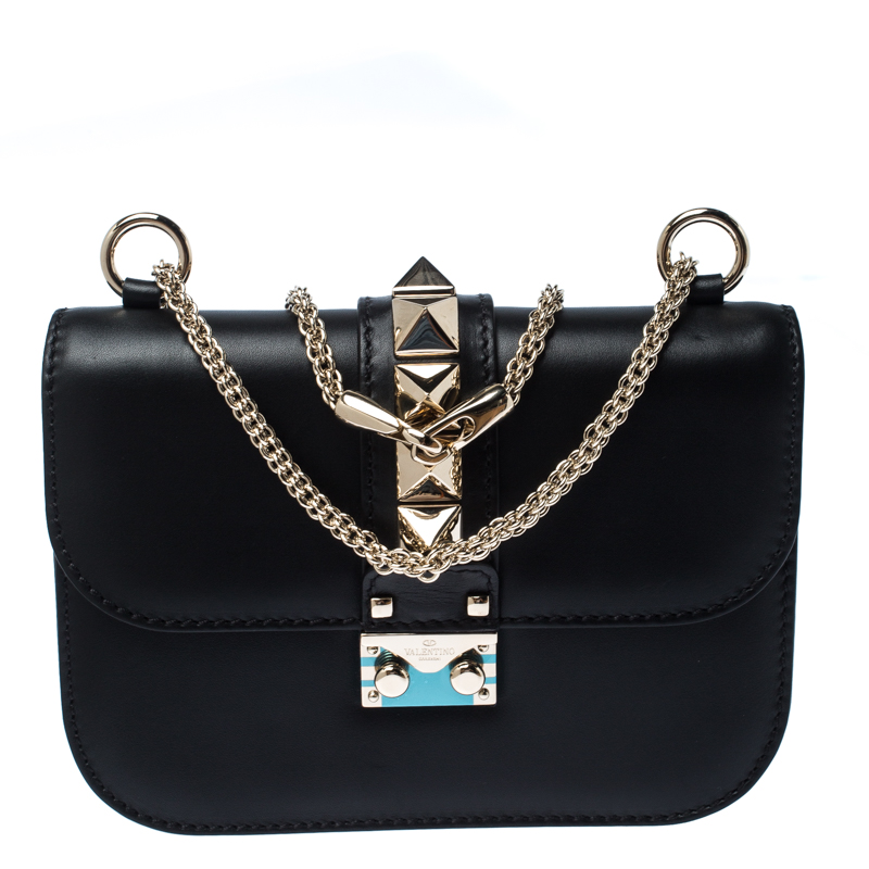 Pre Owned Valentino Black Leather Small Glam Lock Chain Shoulder Bag