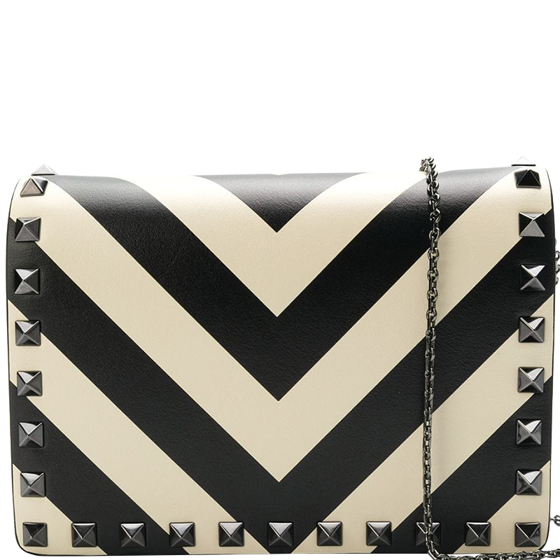 Pre Owned Valentino Light Ivory/Nero Leather V Stripe Mini Rockstud Shoulder Bag