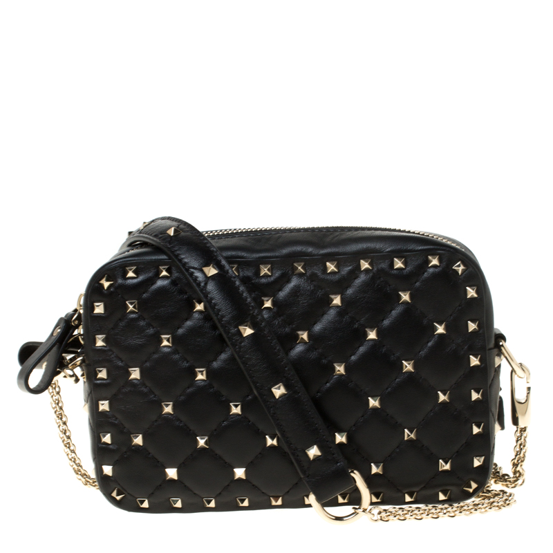 Pre Owned Valentino Black Quilted Leather Rockstud Spike Crossbody Bag