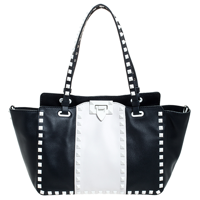 Valentino Navy Blue/White Leather Rockstud Tote