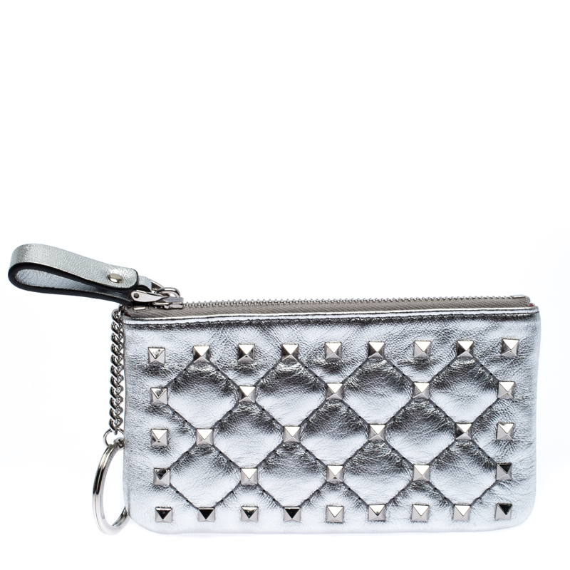 Pre Owned Valentino Silver Leather Rockstud Spike Key Case