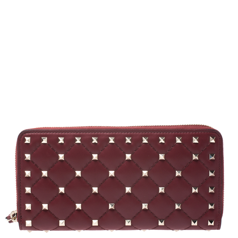 Pre Owned Valentino Red Quilted Leather Rockstud Spike Zip Around Wallet