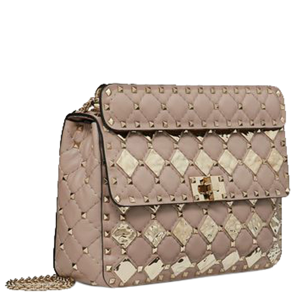 

Valentino Poudre Leather with Metal Rhombus Detail Medium Rockstud Spike.It Chain Shoulder Bag, Pink