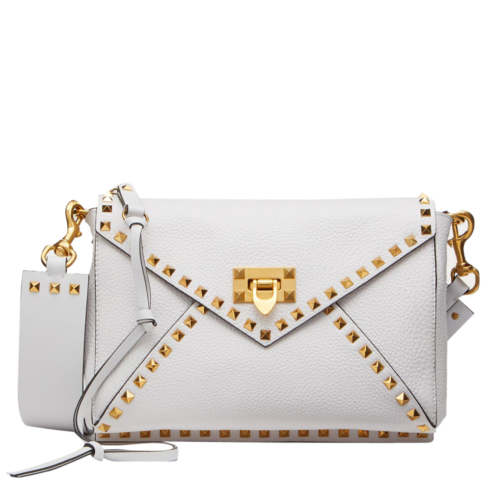 Pre Owned Valentino Optic White Grainy Leather Rockstud Hype Shoulder Bag