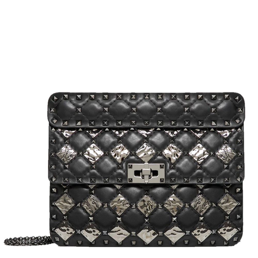 Pre Owned Valentino Black Leather with Metal Rhombus Detail Medium Rockstud Spike.It Chain Shoulder Bag
