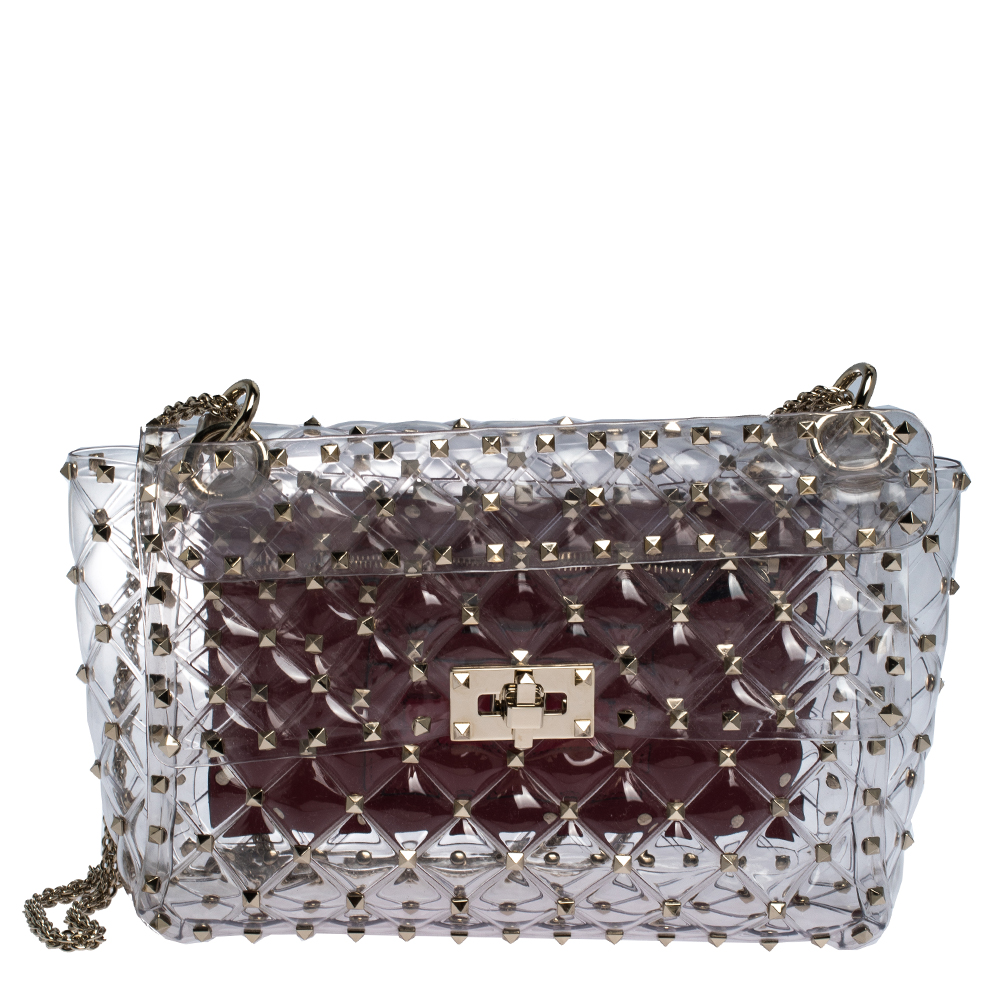 Pre Owned Valentino Plexy Transparent Medium Rockstud Spike.It Chain Shoulder Bag