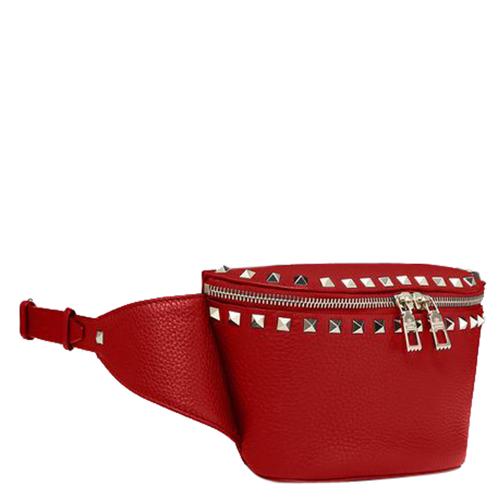 

Valentino Rosso V. Grainy Leather Rockstud Belt Bag Size, Red