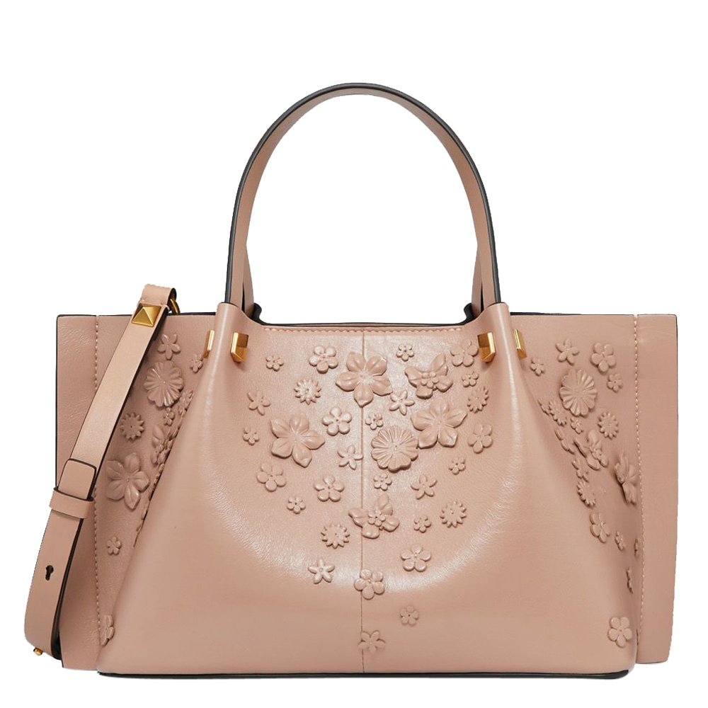 Pre Owned Valentino Rose Canelle Leather Flower Embellishments Small VLOGO Escape Shopper Tote