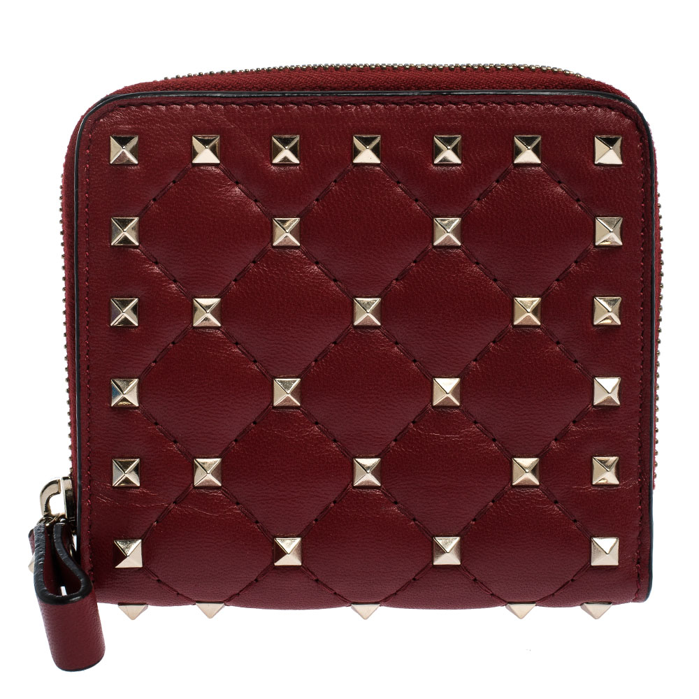 Pre Owned Valentino Rosso V. Soft Leather Rockstud Spike Compact Wallet