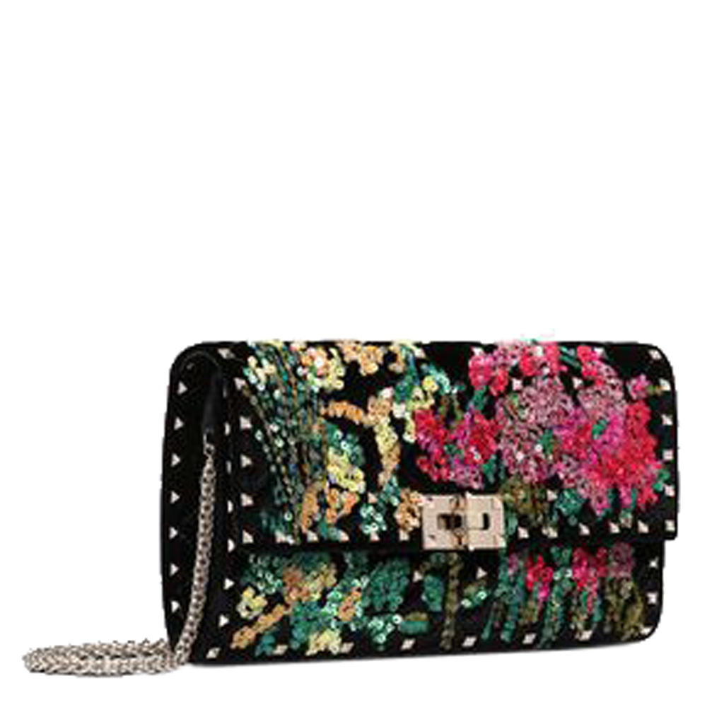 

Valentino Black Embroidered Velvet Rockstud Spike Crossbody Clutch Bag