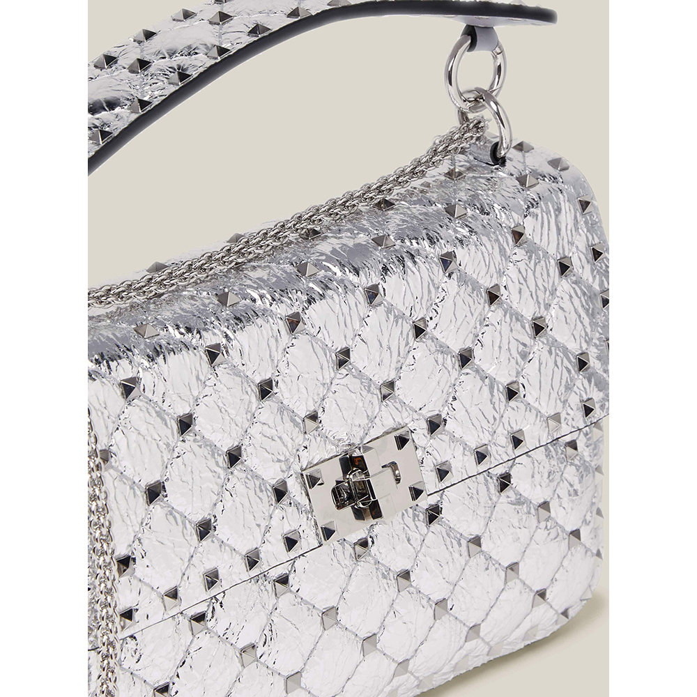 VALENTINO GARAVANI Metallic Nappa Medium Rockstud Spike Shoulder Bag Silver  773871