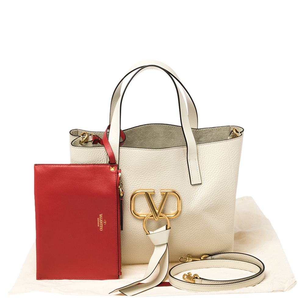 

Valentino Light Ivory Leather  E/W VRING Tote, Cream