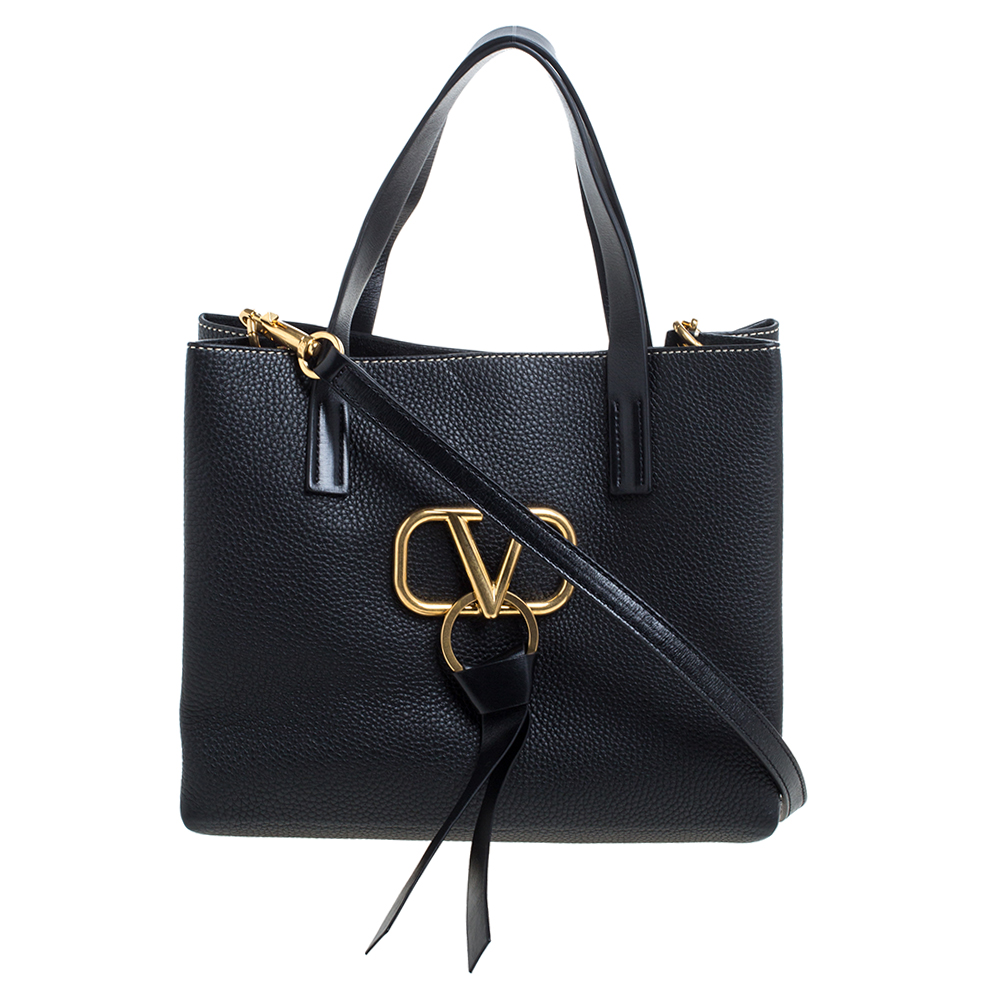 Valentino Black Leather Small E/W VRING Tote Valentino The Luxury Closet