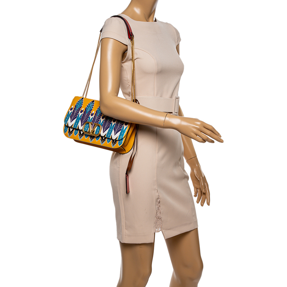 

Valentino Multicolor Feather Print Leather VLOCK Chain Shoulder Bag