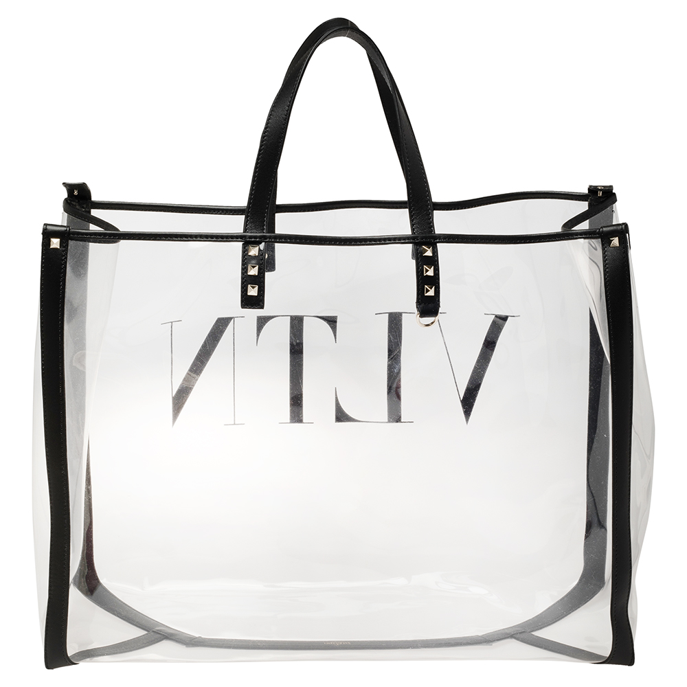 

Valentino Black/Red Clear Plexy and Leather VLTN Shopping Tote